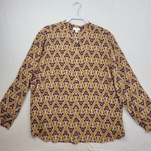 J Jill Womens 3X Button Front Blouse Mustard Yellow Purple Damask Top Career